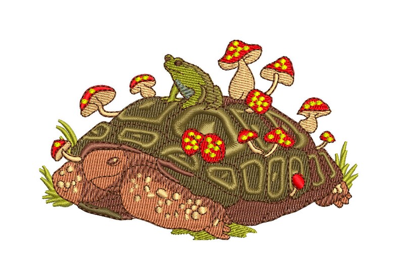 May include: A green frog sits on the back of a brown turtle with red and yellow mushrooms growing around them.