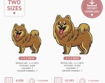 Pomeranian Dog machine embroidery digital download, two sizes, 1.5 inch and 3 inch embroidery file.