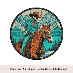 May include: Embroidered patch depicting a cowboy riding a horse against a mountain backdrop. The cowboy is wearing a blue shirt, brown trousers, and a brown cowboy hat. The horse is brown with a white mane and tail. The background is turquoise blue with white mountains and stars.