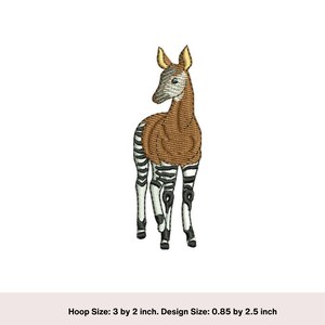 May include: Embroidered design of an Okapi, a mammal native to the Democratic Republic of Congo, with brown and white stripes. The design is approximately 0.85 inches by 2.5 inches.