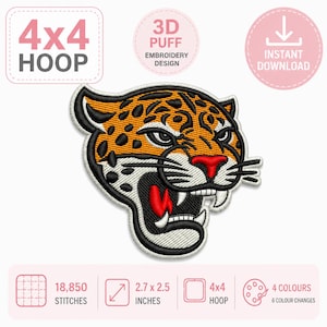 May include: A 3D puff embroidery design of a snarling jaguar head with orange fur, black spots, white muzzle, and red mouth. The digital file is for a 4x4 hoop, measures 2.7 x 2.5 inches, contains 18,850 stitches, and uses 4 colors with 6 changes.