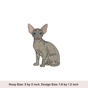 Op de afbeelding: Borduurontwerp van een grijze Sphynx-kat die zit met blauwe ogen. Het ontwerp is 1,6 inch bij 1,2 inch en past in een 3 inch bij 2 inch hoepel.