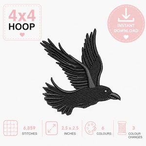 Flying Raven Embroidery Design Digital Download , Black Crow Bird Pattern for 4x4 Hoop