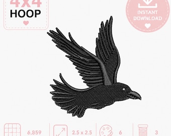 Flying Raven Embroidery Design Digital Download , Black Crow Bird Pattern for 4x4 Hoop