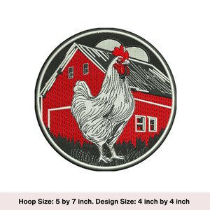 May include: Embroidered patch featuring a white rooster standing in front of a red barn with a black and white night sky background. The patch is 4 inches by 4 inches.