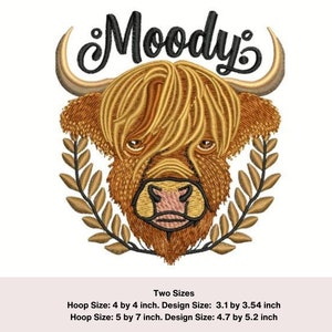 Moody Scottish highland cow machine embroidery design. Embroidery file digital download. Cow embroidery design. Filled embroidery