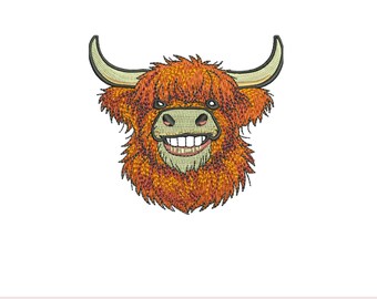 Highland Cow Embroidery Design, Textured Fur Stitch, Smiling Farm Animal Pattern (Digital Download)