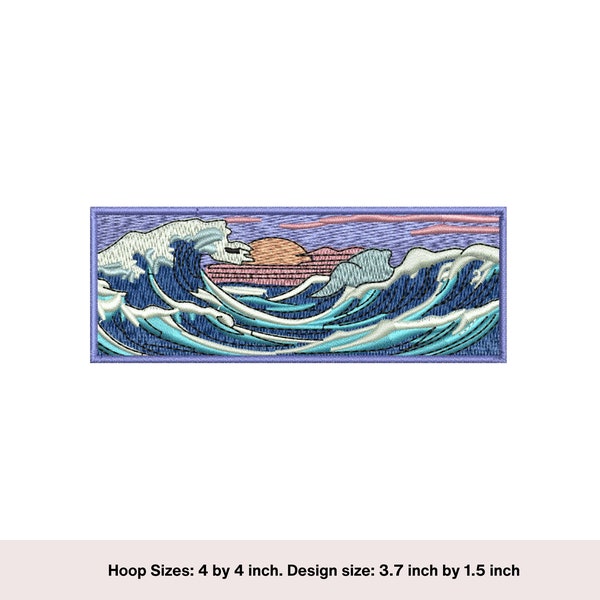 Japanese Wave rectangle embroidery patch. Sea, sunset embroidery design. Embroidery patch file digital download. 4 by 4 inch embroidery