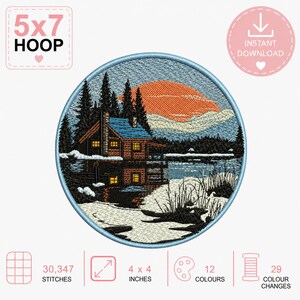 Può includere: Un disegno circolare per ricamo a macchina raffigurante una baita in un paesaggio innevato con pini alti, un grande sole arancione e un bordo azzurro. Testo: 5x7 HOOP e INSTANT DOWNLOAD. Specifiche: 30.347 punti e 10,16 x 10,16 cm.