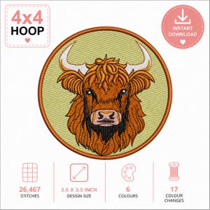 Op de afbeelding: Een rond machinaal borduurontwerp met een bruine Schotse hooglander met lange hoorns op een lichtgroene achtergrond. De tekst 4x4 HOOP, INSTANT DOWNLOAD, 26.467 STITCHES, 3,5 X 3,5 INCH DESIGN SIZE, 6 COLOURS en 17 COLOUR CHANGES is inbegrepen.