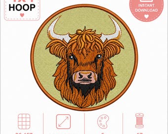 Disegno per ricamo a macchina di una mucca delle Highlands scozzesi, toppa ricamata digitale da scaricare. Ricamo pieno