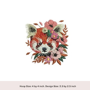 Red Panda embroidery design. Floral Red Panda Woodland Animal embroidery design. Digital download. Red Panda embroidery artwork