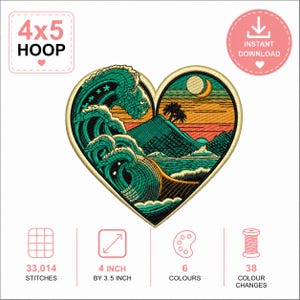 May include: An embroidery design in a heart shape featuring teal ocean waves on the left and a sunset landscape with a mountain, palm trees, and a crescent moon on the right. The design includes 33,014 stitches, 6 colors, and measures 4 inches by 3.5 inches.