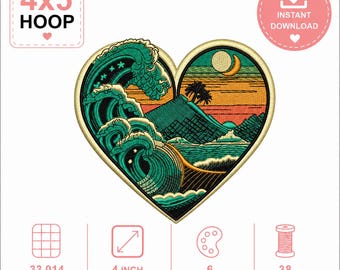Ocean waves beach patch machine embroidery digital download. Filled embroidered design