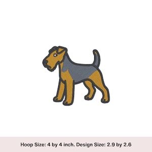 May include: Embroidered patch featuring a stylized dog in a standing pose. The dog has a tan head and legs, a gray body, and a black outline. The design size is 2.9 by 2.6 inches. Hoop size is 4 by 4 inches.