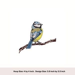 Op de afbeelding: Borduurontwerp van een blauwe mees die op een tak zit. De vogel is geel, blauw en wit. Het ontwerp is 3,9 inch bij 3,5 inch.
