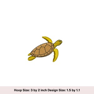 May include: A yellow and brown sea turtle embroidery design. The turtle is swimming with its flippers outstretched. The design is 1.5 inches by 1.1 inches.