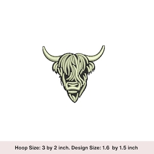 Mini Highland cow embroidery design. Highland cow head digital download. Farm animal embroider designs. Cow embroidery. 3 by 2 inch hoop