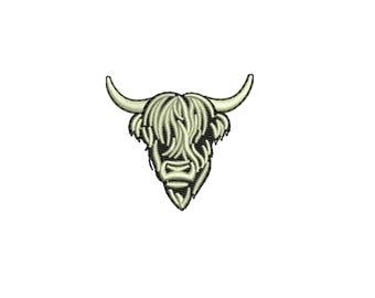 May include: Embroidered design of a Highland cow head with a white and black color scheme. The design is 1.6 inches by 1.5 inches.