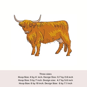 Standing Scottish highland cow embroidery design digital download 3 sizes 4 by 4 hoop 5 by 7 hoop 6 by 10 hoop. Animal embroider designs