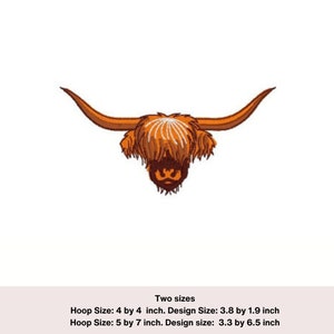 Embroidered Scottish highland cow head  digital download 2 sizes 4 by 4 hoop 5 by 7 hoop. Farm animal embroider designs. Cow embroidery