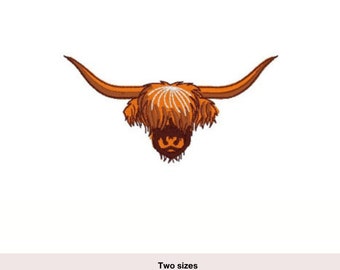 May include: Embroidered design of a Highland cow head with long horns. The design is available in two sizes: 3.8 by 1.9 inches and 3.3 by 6.5 inches.