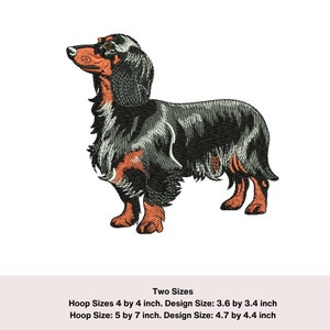 May include: An embroidered design of a long-haired dachshund dog in black and brown. The dog is standing with its head turned to the side. The design sizes are 9.1 by 8.6 cm and 11.9 by 11.2 cm. The hoop sizes are 10.2 by 10.2 cm and 12.7 by 17.8 cm.