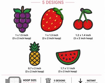 Fruit Embroidery Bundle, Mini Strawberry Cherry Grape Pineapple Watermelon Stitch Files, Small Machine Designs