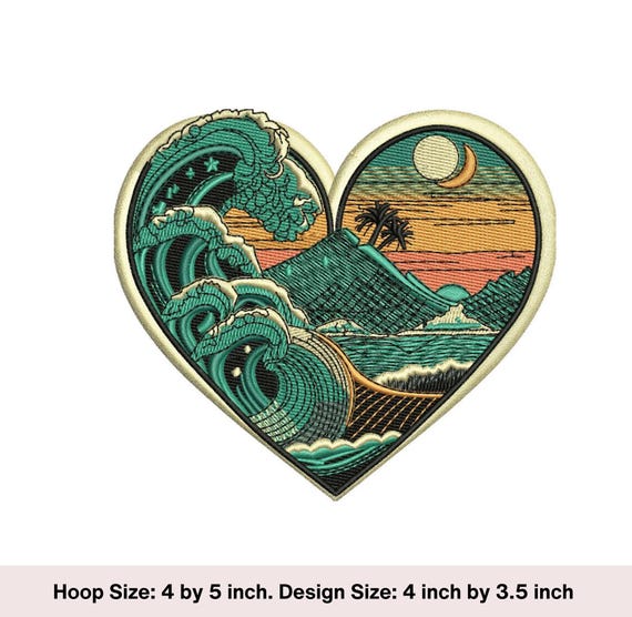 Ocean Beach Heart Embroidery Patch: Coastal Scenery Design (Digital Download)