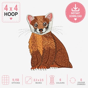 May include: Embroidered design of a sitting brown animal with a white face and chest. The design is 2.3 x 2.5 inches and requires a 4 x 4 hoop. The design has 9,158 stitches and 6 colors. Includes an instant download option.