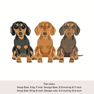 3 dachshunds bordado design, 5 por 7 hoop e 6 por 10 hoop. Sausage dog machine bordado designs. Animal bordado design. Dog designs