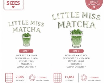 Little Miss Matcha Embroidery Design, Iced Drink Stitch File (Digital Download)