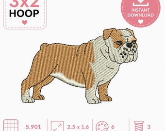English Bulldog Embroidery Design, Pet Lover Gift, 3 by 2 inch
