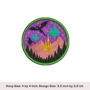 May include: Embroidered patch with a fantasy scene. A gold castle sits between mountains and a forest of trees. Two black dragons fly above the mountains and two teal crystals. The patch is round with a green border.