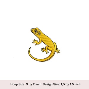 May include: A yellow embroidered design of a lizard with a curled tail. The design is 1.5 by 1.5 inches and is suitable for a 3 by 2 inch embroidery hoop.