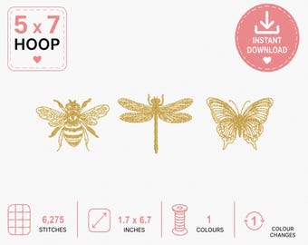 Insect Border Embroidery Design: Bee, Dragonfly, Butterfly Digital Download. machine embroidered design