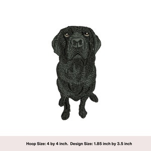 May include: Black Labrador Retriever dog embroidery design, 1.85 inches by 3.5 inches, suitable for a 4 inch by 4 inch embroidery hoop.
