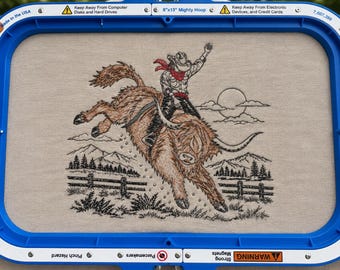 Vintage Rodeo Highland cow Sketch Style Embroidery File, Downloadable cowboy Machine Embroidery Design, Multiple Formats Included, two sizes