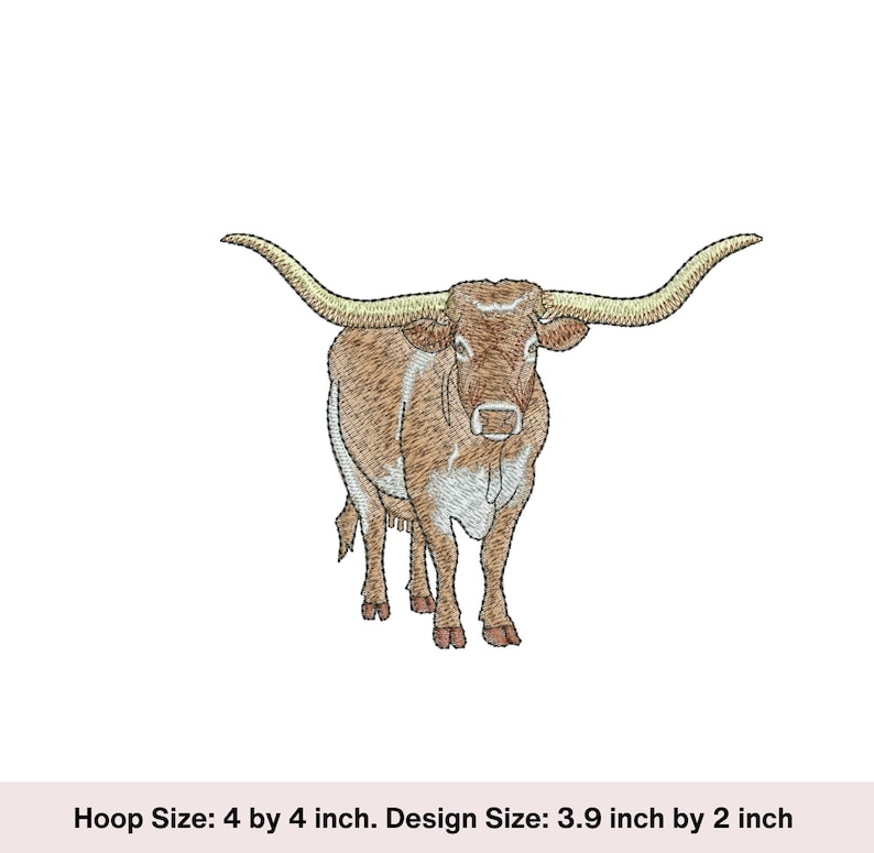 Texas Longhorn Bull machine embroidery design. Embroidered bull.  Animal embroidery digital download. 4 by 4 inch hoop Bull design