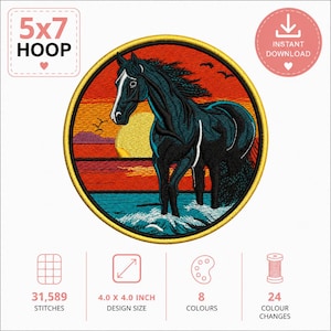 May include: A circular machine embroidery design featuring a black horse standing in blue water against a sunset background with a yellow sun, orange sky, and silhouettes of birds. The design includes text 5x7 HOOP and INSTANT DOWNLOAD.