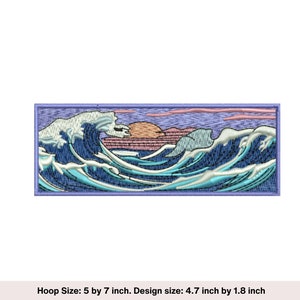Peut inclure: Broderie représentant une vague bleue avec de l'écume blanche qui crève contre un coucher de soleil violet et rose. Le motif mesure 4,7 pouces de large et 1,8 pouce de haut.