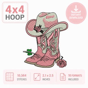 May include: Pink cowboy boots and hat with a rose design. The image includes the text "4x4 HOOP" and "INSTANT DOWNLOAD". The design measures 5.3 x 6.4 cm.