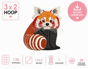 Red Panda Embroidery Design, filled embroidered design Digital Download