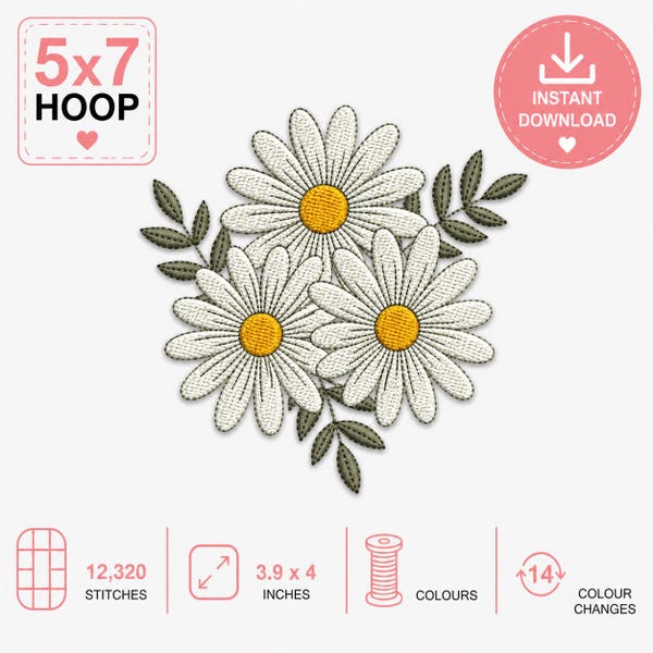 Daisy Flowers Embroidery Design, Floral Bouquet, Digital Download