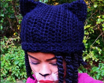 Crochet Cat hat Black. Black cat hat. Adult cat hat.