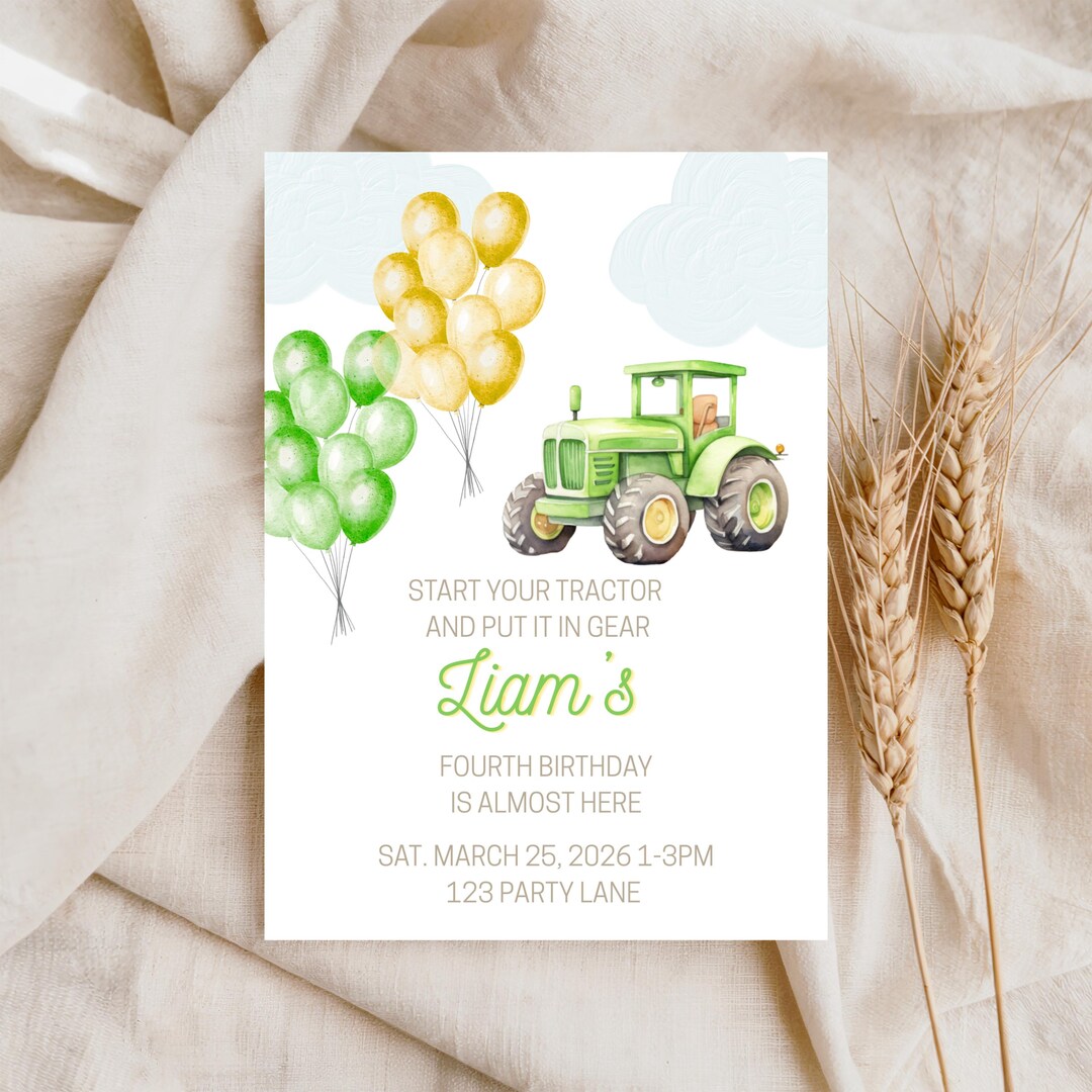 Green Tractor Birthday Invitation, Farm Party Invite (digital Download ...