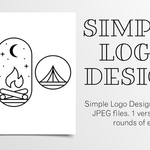 Op de afbeelding: Een zwart-wit logo-ontwerp met illustraties met kampeerthema. Het ontwerp bevat een bos, een kampvuur met een halve maan en een tent. De tekst luidt "SIMPLE LOGO DESIGN".