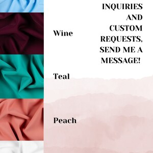 Pu&ograve; includere: Cinque campioni di tessuto in diversi colori: azzurro cielo, vino, verde acqua, pesca e bianco. Il testo recita: "PER RICHIESTE DI STILE E RICHIESTE PERSONALIZZATE, INVIAMI UN MESSAGGIO!"