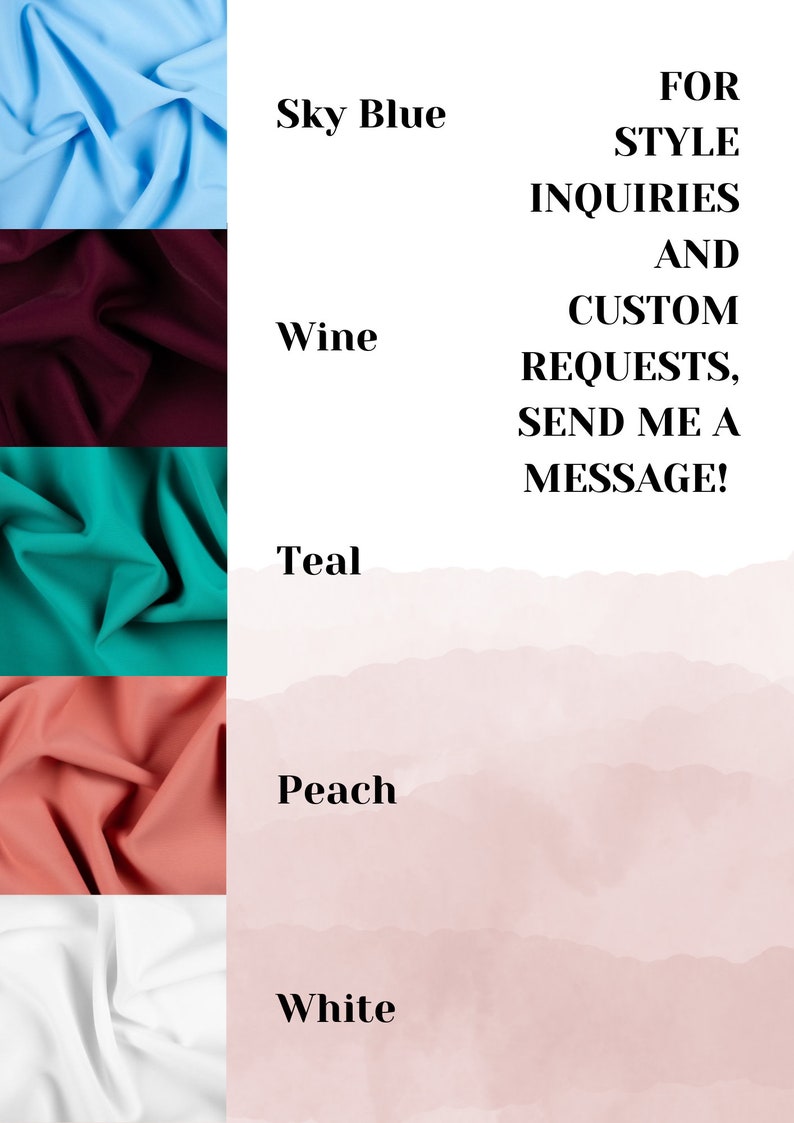 Pu&ograve; includere: Cinque campioni di tessuto in diversi colori: azzurro cielo, vino, verde acqua, pesca e bianco. Il testo recita: "PER RICHIESTE DI STILE E RICHIESTE PERSONALIZZATE, INVIAMI UN MESSAGGIO!"