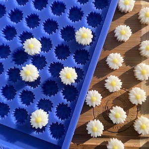 May include: A blue silicone mold filled with white and yellow daisy-shaped embellishments. Several finished daisies are arranged on a wooden surface. The daisies have white petals and yellow centers, perfect for crafts or decorations.